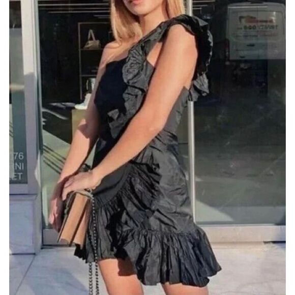 NWT ZARA Woman Ruffle One Shoulder Black Evening Cocktail Dress, Size M - Picture 3 of 8